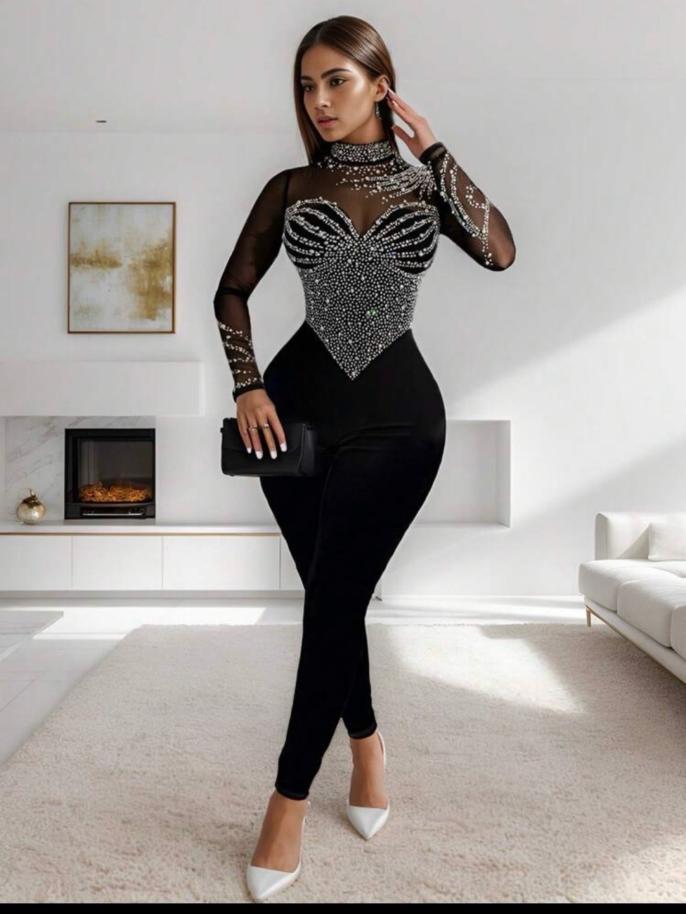 SHEIN Black Sequin Long-Sleeve Jumpsuit - Picture 4 of 6